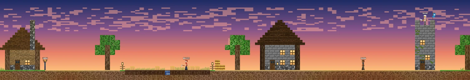 A pixel-art Minecraft-style village at sunset, with players walking between houses