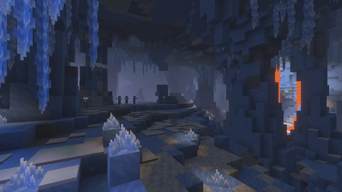 A dark Minecraft ice cave with icicles hanging from the ceiling, glowing ice crystals on the floor, distant mobs and a lava-lit opening
