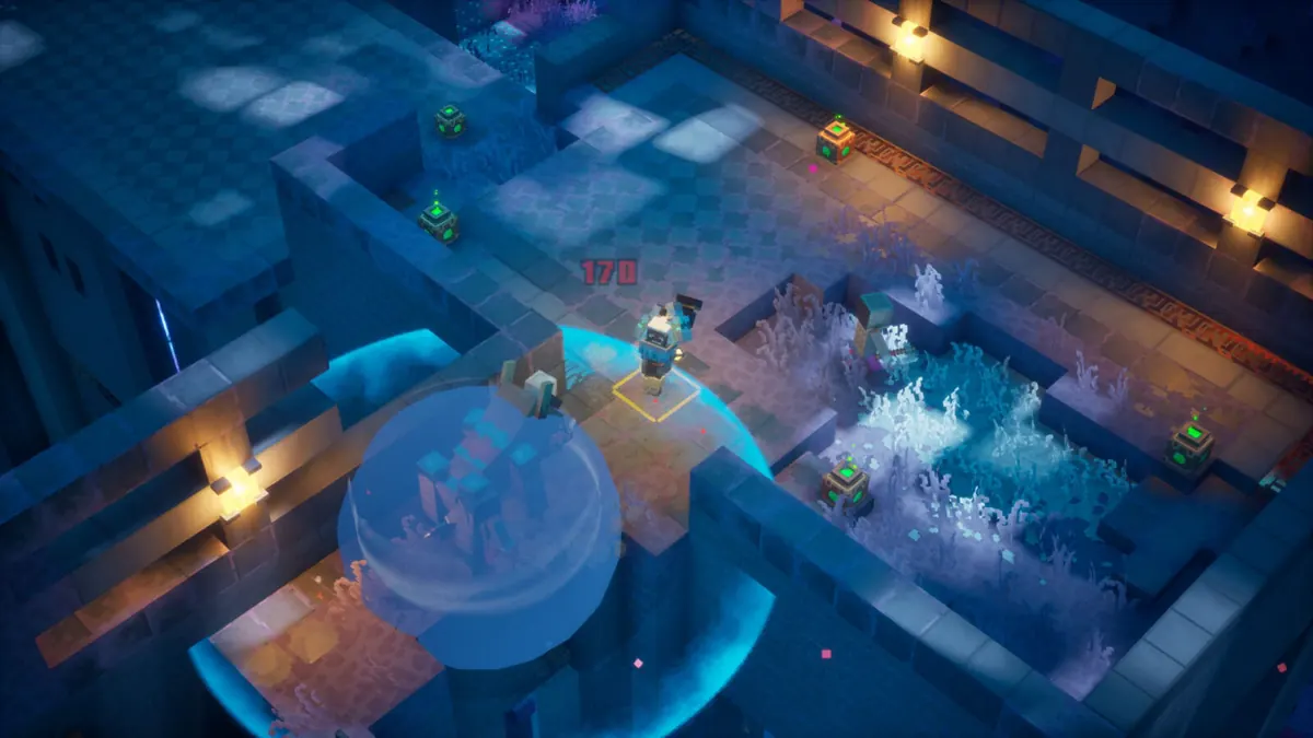 Heroes stand on a stone platform above glowing blue pools in a dark cavern of the Sift