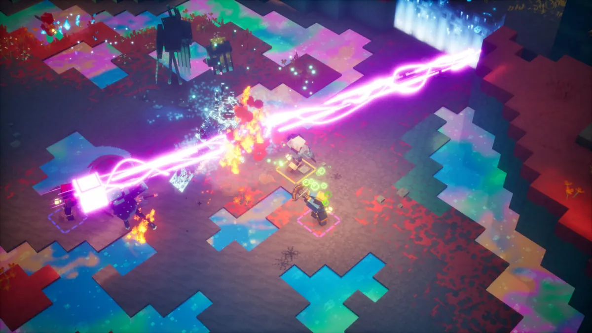 A purple beam of energy cuts across a pink and blue floor as heroes fight in the Sift