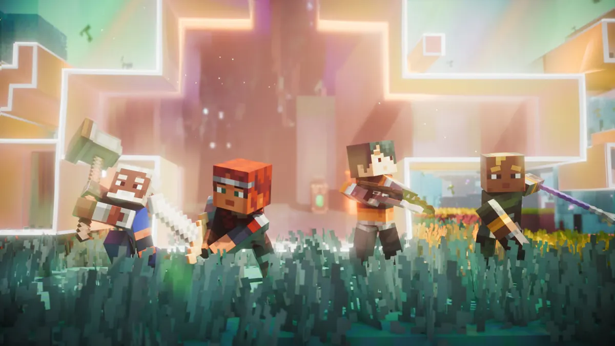 Four Minecraft Dungeons II heroes charge through a sunlit meadow in the Sift