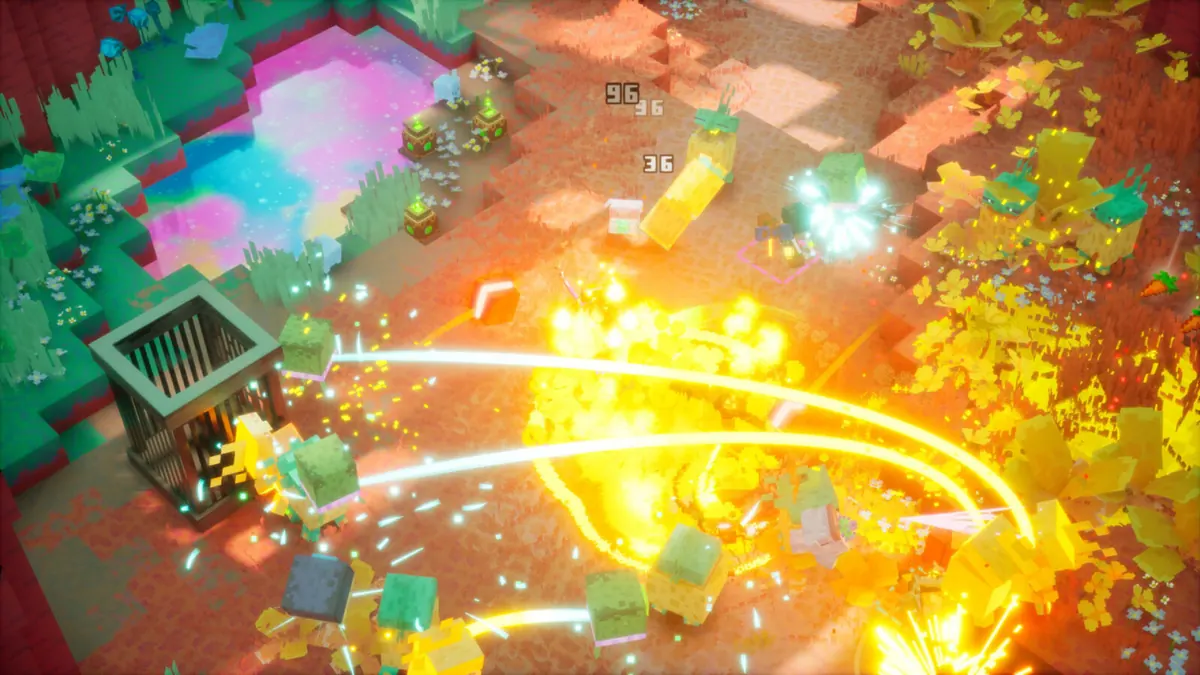 A top-down fight in a pink and orange Sift meadow, with a yellow arc of magic sweeping through small green mobs