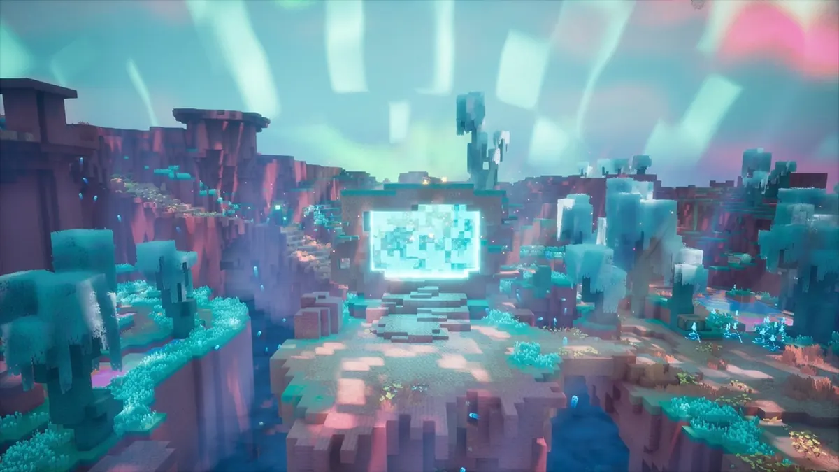 A glowing rift stands on a ledge in a canyon of red rock and turquoise plants in the Sift, from Minecraft Dungeons II