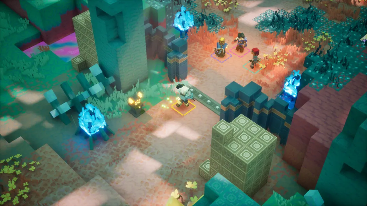 A small party of heroes walks between teal stone pillars and blue flames in the Sift