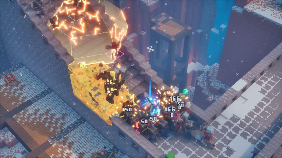 Heroes fight in a ruined stone hall lit by blue and orange light in the Sift